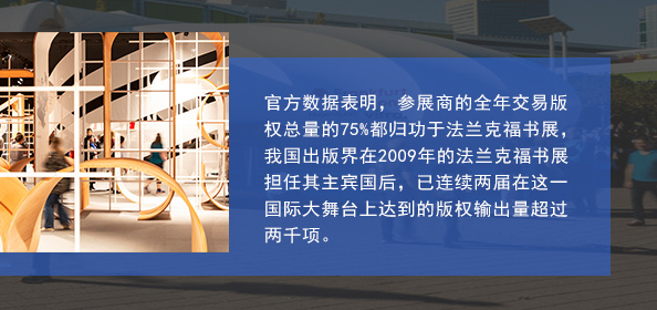 官方数据表明，参展商(shāng)的全年交易版权总量的75%都归功于法兰克福书展，我國(guó)出版界在2009年的法兰克福书展担任其主宾國(guó)后，已连续两届在这一國(guó)际大舞台上达到的版权输出量超过两千项。